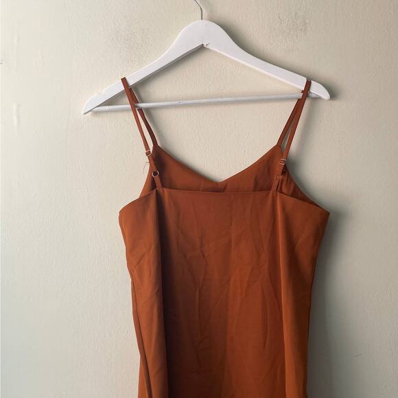 The Open Satin Silky Spaghetti Strap V-Neck Midi Dress in Burnt Orange -S - Picture 8 of 12